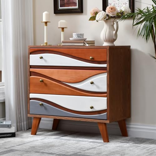 Ahokua 3-Drawer Dresser with Sculpted Wave Fronts, Tri-Color Drawer Design, Modern Chest of Drawers Storage Cabinet for Bedroom, Living Room, Hallway, or Office