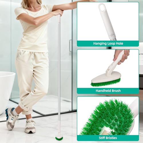 Qaestfy 4-in-1 Tub and Tile Shower Scrubber, 51'' Bathtub Cleaning Brush with Long Handle, Soft & Stiff Bristles Bathroom Scrub Brush, Non-Scratch Shower Cleaner Brush for Cleaning