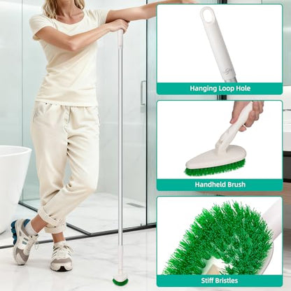 Qaestfy 4-in-1 Tub and Tile Shower Scrubber, 51'' Bathtub Cleaning Brush with Long Handle, Soft & Stiff Bristles Bathroom Scrub Brush, Non-Scratch Shower Cleaner Brush for Cleaning