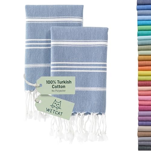 WETCAT Turkish Hand Towels with Hanging Loop, Set of 2 (20" x 30") 100% Turkish Cotton, Pre-Washed, Quick Drying, for Kitchen or Bathroom - Denim Blue - color: Denim Blue