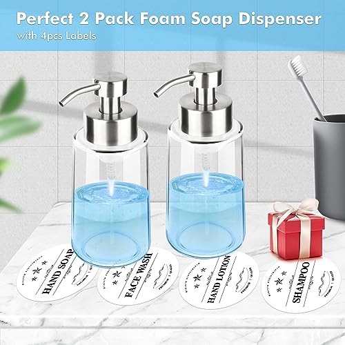2 Pack Glass Foam Soap Dispenser Set, 15 Oz Rust-Proof Stainless Steel Pump, with Waterproof Labels for Kitchen & Bathroom Countertop, Hand and Dish Soap - color: 2 Pcs With Label