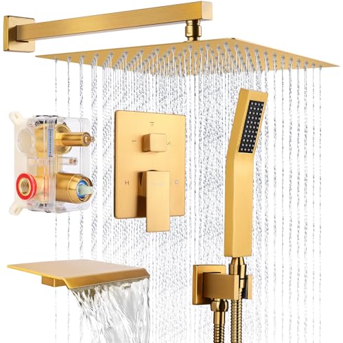 12 Inch Rainfall Shower System with Tub Spout Wall Mounted Complete Combo with Solid Brass Pressure Balancing Valve, High Pressure Shower Head, Handle Set & Installation Accessories - color: Brushed Gold