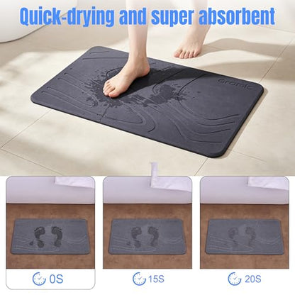 Stone Bath Mat – Quick Dry Diatomite Bath Mat, Non Slip, Fast Absorbing, Bathroom Floor Mat for Shower & Bathtub, Soft Stone Surface (23.7 x 15.4 x 0.3 inch, Grey)