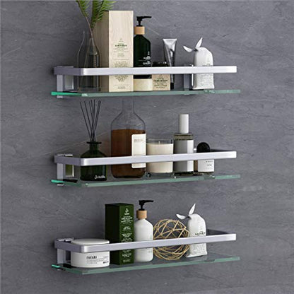 Bathroom Wall Shelf 15.7in Bathroom Glass Shelves Wall Mount Glass Shelf Rustproof Bathroom Wall Organizer 3 Tier (Sliver) - style: 3 tier without towel bar silver