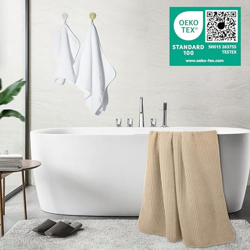 POLYTE 430 GSM Poly Blend Microfiber Quick Dry Waffle Bath Towel Set of 6 | 2-Body Towels, 2-Hand Towels, 2-Wash cloths, Oversize, Lint Free - color: White,beige