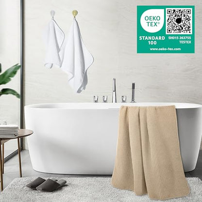 POLYTE 430 GSM Poly Blend Microfiber Quick Dry Waffle Bath Towel Set of 6 | 2-Body Towels, 2-Hand Towels, 2-Wash cloths, Oversize, Lint Free - color: White,beige