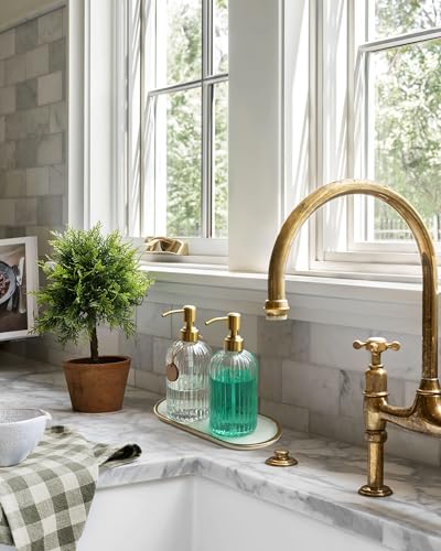 JASAI 18Oz Glass Soap Dispenser with Golden Pump for Kitchen,Refillable Liquid Hand soap Dispenser with Vertical Stripe, Clear Soap Dispenser Bathroom for Hand soap, Dish Soap, Lotion | Refillable Hand Soap Dispenser with Vertical Stripe, Gold Soap Dispen