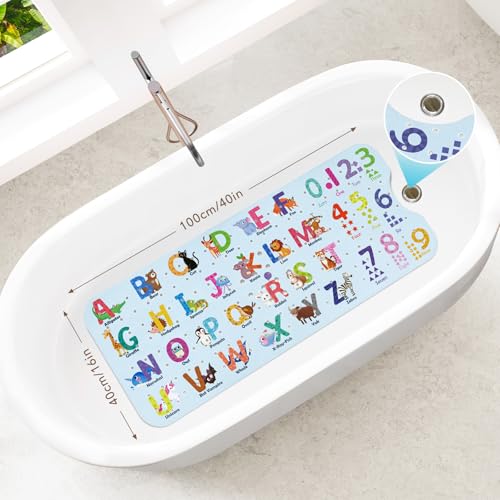 SHUCHING Baby Bath Mat for Tub Non Slip-40x16 Inch, ABC | Bathtub Mat for Kids & Toddler Mold Free, Long Shower Mat for Inside Shower with Suction Cup, Machine Washable - color: Alphabet