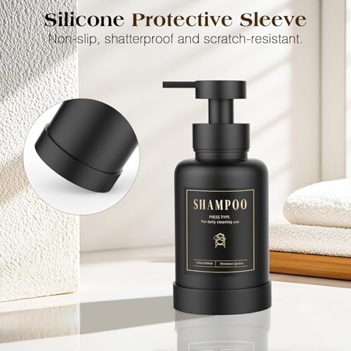 Luxspire Glass Foaming Soap Dispenser 15oz Hand Soap Bottle, Black, 2 Pack | Anti-drip pump, wide mouth easy refill, non-slip silicone base, 7 waterproof labels, bathroom and kitchen sink use - color: Black