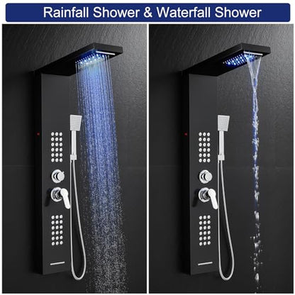 ROVATE 5 in 1 LED Rainfall Waterfall Shower Panel Tower System, Black | High Pressure Stainless Steel Shower Column with Tub Spout, Powerful Body Jets, Flexible Handheld, Brass Mixing Valve Body - style: 5 Modes-Black-2 Jets
