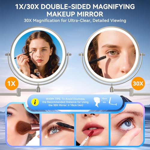 Auxmir 9″ 5000mAh 1X/30X Wall Mounted Lighted Magnifying Makeup Mirror | Power Adapter&2 Tweezers Included/ 3 Dimmable Colors/ Dual Sided Button Control/ Rechargeable/ 360° Rotation Extended Arm - color: 9'' 30x-nickel+adapter