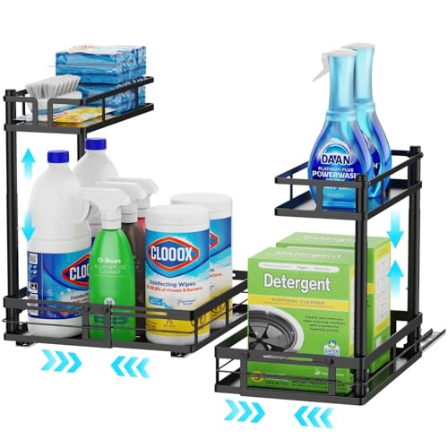 Under Kitchen Sink Organizer - L-Shaped Pull Out Shelf, 2 Pack | L-Shaped Fit Around Garbage Disposal, Adjustable Shelves, Pull Out Access, For 30-36 Inch Sink Cabinet, 2 Pack Black