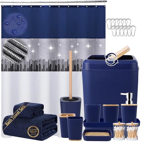 Bathroom Accessories Set with Sequin Shower Curtain, Navy Blue Bathroom Set with Trash Can,Towel Set,Shower Curtain Set - size: Bath Set+Shower Curtain, style: Navy Blue