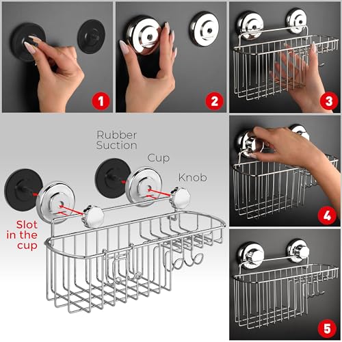 HASKO Shower Caddy Suction Cup, Shower Shelf with Soap Dish and Hooks Organizer, Suction Bathroom Shelf for Storage, Wall Mounted Basket (Polished Stainless Steel SS304) - color: Silver (1 Pack)