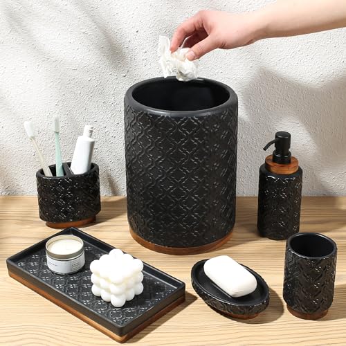 RQYIXI Elegant Bathroom Accessories Set 6 PCS Ceramic and Wood Bathroom Accessory Set Soap Dispenser Toothbrush Holder Tumbler Soap Dish Tray Trash Can Easy to Clean Quatrefoil Pattern Black - color: Black Trash Can