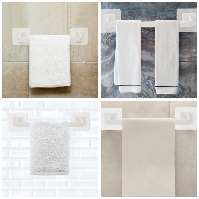 Homsfou 2-Pack Self Adhesive Bathroom Towel Bars No Drill Wall Mounted Single Towel Racks Space Saving Holder for T-owels and Robes in White 15.74In