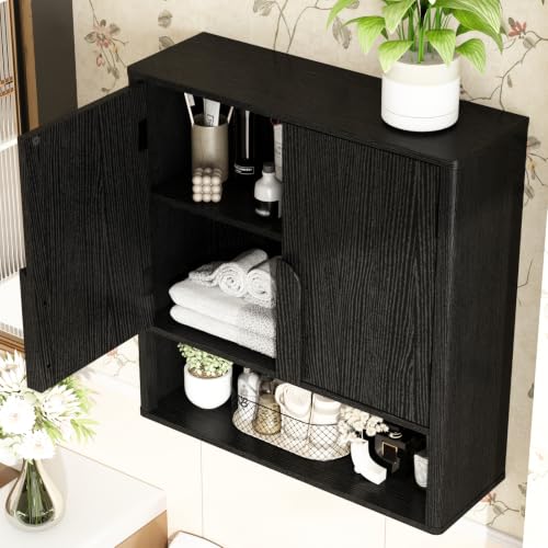 RUSTOWN Wall Mounted Bathroom Cabinets with Rounded Edges & Curved Handles | Adjustable Shelf, 3-Tier Over The Toilet Storage Cabinets, Modern Medicine Cabinet for Laundry Kitchen Living Room - color: Rustic Black
