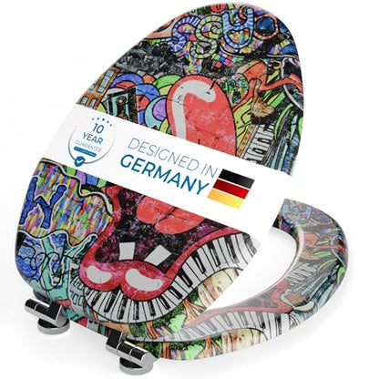 SANILO Wooden Toilet Seat with Soft Close [ELONGATED] - Decorative, Quiet & Slow Close Molded Wood Seat - With Strong Bumpers & Hinges - Adjustable Fit - Graffiti - color: Graffiti