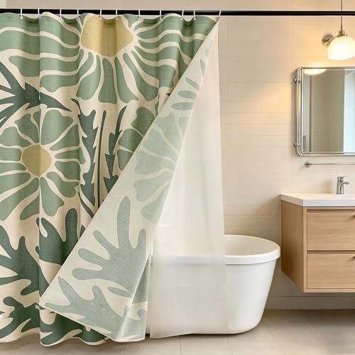 Retro Daisy Linen Boho Shower Curtain Set with Liner,72" Wx72 L | Double Layer Shower Curtain Waterproof Fabric with Zippered Removable PEVA Liner,Boho Shower Curtain for Bathroom,Free Hooks - color: Daisy