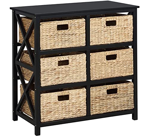 3 Tier X-Side End Storage Cabinet, Black | 6 Wicker Baskets - color: Black, size: 15.5"D x 29.3"W x 30"H (6 Drawers)