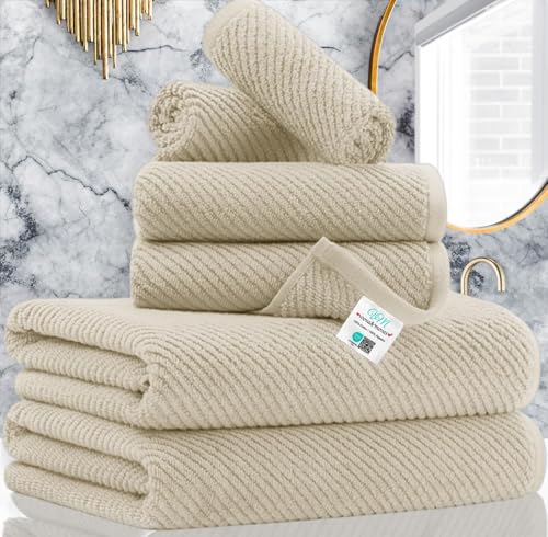VOOVA & MOVAS 6PC Towel Set, 100% Cotton, Beige Tan | 2 Large Bath 30x56 In, 2 Hand 18x28 In, 2 Washcloths 13x13 In, Quick Dry, Thick, Soft, Towel Gift Set - color: Tan - Beige, size: 6 PC Bathroom Towel Set