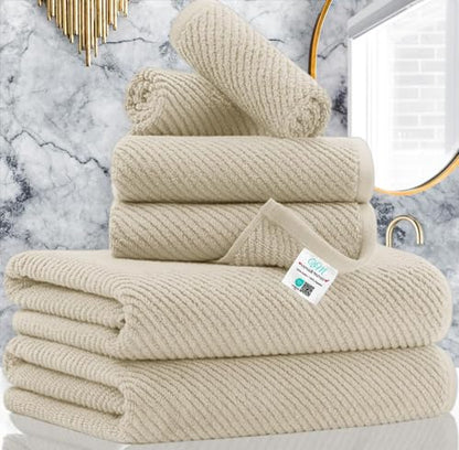 VOOVA & MOVAS 6PC Towel Set, 100% Cotton, Beige Tan | 2 Large Bath 30x56 In, 2 Hand 18x28 In, 2 Washcloths 13x13 In, Quick Dry, Thick, Soft, Towel Gift Set - color: Tan - Beige, size: 6 PC Bathroom Towel Set