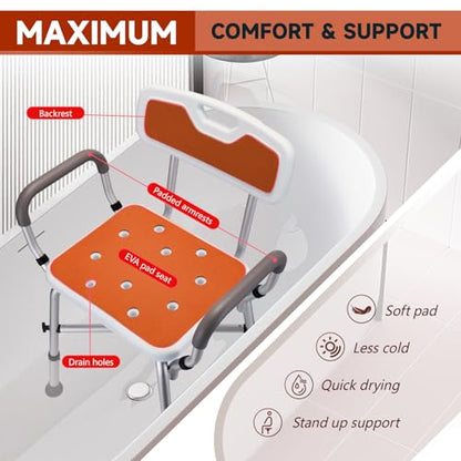 Shower Chair for Inside Shower, 600 lb Adjustable Chair with Arms and Back | FSA/HSA Eligible, 600lb Capacity, Crossbar Design, Adjustable Height, Tool-Free, Non-Slip Bath Chair for Elderly and Disabled - color: Orange