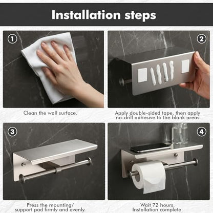Double Toilet Paper Holder with Shelf, Wall Mount Tissue Roll Holder for Bathroom, 304 Stainless Steel Commercial Toilet Tissue Dispensers with Phone Shelf(Natural) - color: Natural