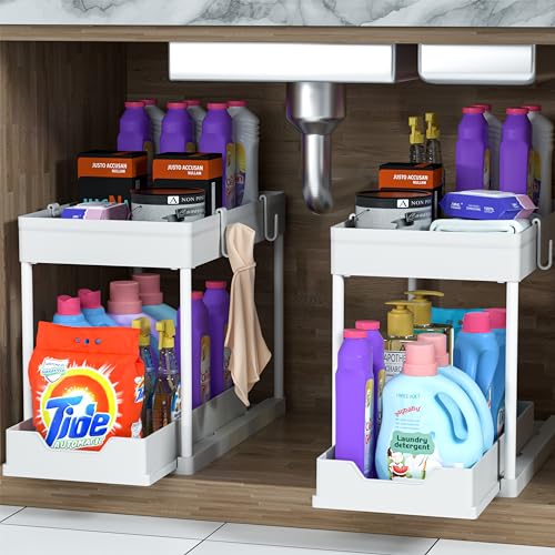 MEAFBIRD 2 Pack Under Sink Organizer, 2 Tier Bathroom Cabinet Organizer with Sliding Basket, Multi-Purpose Under Sink Organizers and Storage for Bathroom Kitchen (White 2 Pack) - color: White 2 Pack
