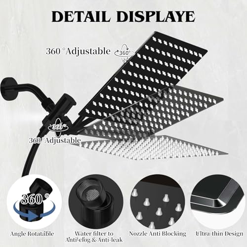 12 Inch Shower Head, Rain Shower Head with Adustable Extension Arm, Detachable Matte Black Rina Shower Head with Handheld Spray, High Pressure Shower Hose with Holder in Bathroom(Black) - color: Black, size: 12 Inch - Standard