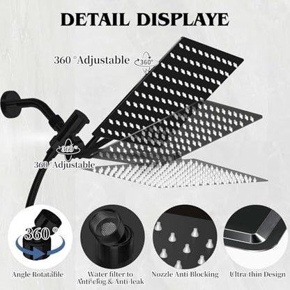 12 Inch Shower Head, Rain Shower Head with Adustable Extension Arm, Detachable Matte Black Rina Shower Head with Handheld Spray, High Pressure Shower Hose with Holder in Bathroom(Black) - color: Black, size: 12 Inch - Standard