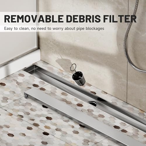Brushed Nickel Linear Shower Drain,36 inch with Insert Grate | Stainless Steel,Durable Construction,Blocks Insects and Odors,Rapid Drainage,Avoid Standing Shower Water,Easy Clean for Hair - size: 36 Inch
