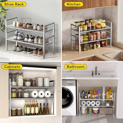Under Sink Organizers and Storage,Expandable under cabinet organizer Shelf | 2-tier stainless steel heavy-duty expandable rack with 8 panels & adjustable width 18.9"-34.6" for kitchen bathroom shoe rack