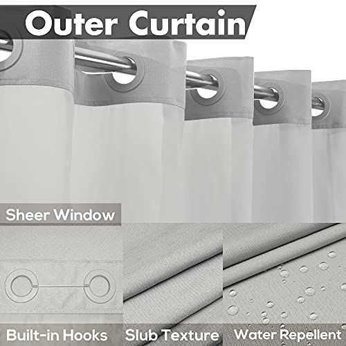 River Dream Extra Long No Hook Slub Textured Shower Curtain with Snap-in PEVA Liner Set - 71" x 86"(84"), Hotel Style with See Through Top Window, Grey Fabric Curtain & Waterproof Liner, Gray, 71x86 | 71W x 86H, Snap on/off Waterproof PEVA Liner, See Thro