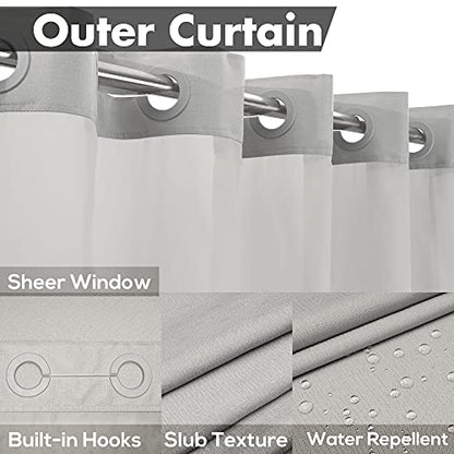 River Dream Extra Long No Hook Slub Textured Shower Curtain with Snap-in PEVA Liner Set - 71" x 86"(84"), Hotel Style with See Through Top Window, Grey Fabric Curtain & Waterproof Liner, Gray, 71x86 | 71W x 86H, Snap on/off Waterproof PEVA Liner, See Thro