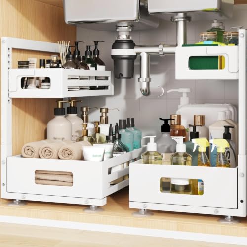 2 Pack Under Sink Organizer,Pull Out Cabinet Organizer With Smooth Cylindrical Rail,Metal Slide Out Drawer for Kitchen Bathroom Laundry Cabinet,8-Level Tool Free Height Adjustable-White - color: White, size: 2 Pack-15"Dx9.5"-16.7"H