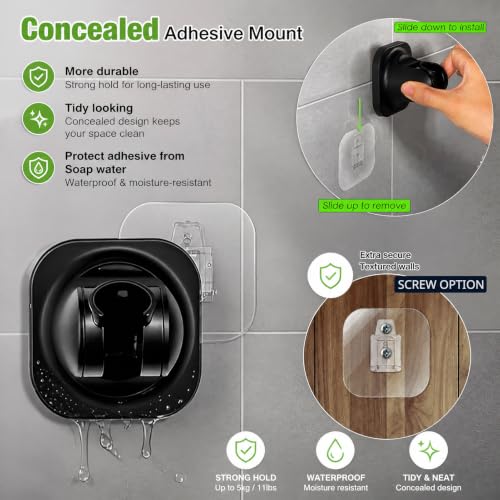 Handheld Shower Head Holder - 5 Positions Adjustable - Concealed Adhesive Mount with Screw Option- Bathroom Wall Mount Shower Hose Holder (Matte Black) - color: Matte Black