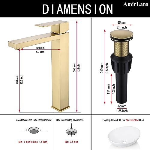 Brushed Gold Vessel Sink Faucet, Tall Bathroom Sink Faucet | Stainless Steel Single Hole Gold Bathroom Faucet, Single Handle Tall Vanity Faucet with Pop Up Drain - color: Brushed Gold, size: Tall