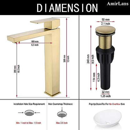 Brushed Gold Vessel Sink Faucet, Tall Bathroom Sink Faucet | Stainless Steel Single Hole Gold Bathroom Faucet, Single Handle Tall Vanity Faucet with Pop Up Drain - color: Brushed Gold, size: Tall
