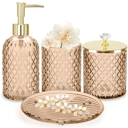 Haturi Glass Bathroom Accessories Set, Amber Brown Bathroom Set, 4 Pcs | Kit w/ Bathroom Soap Dispenser Set, Toothbrush Holder, Qtip Holder, Soap Dish, Brown Bathroom Decor, Gift for Home Apartment - style: Amber Brown