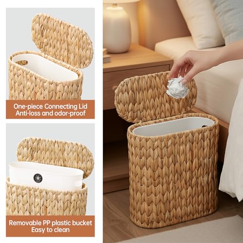 Coeusy Wicker Bathroom Trash Can with Lid,Narrow Rattan Waste Basket with Removable Liner Bucket,Slim Woven Water Hyacinth Garbage Can for Bedroom,Office,Small Spaces,3 Gallon - size: 3 Gallon