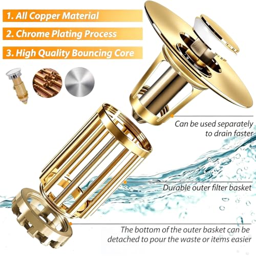 Anlige 3 in 1 Pop Up Bathroom Sink Stopper, Bathroom Sink Drain Strainer with Removable Basket Hair Catcher, Universal Sink Plug Cover for 1.06 in to 1.6 in Drain, Brushed Gold - color: Brushed Gold