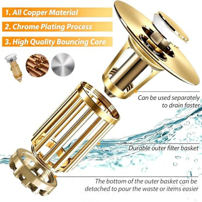 Anlige 3 in 1 Pop Up Bathroom Sink Stopper, Bathroom Sink Drain Strainer with Removable Basket Hair Catcher, Universal Sink Plug Cover for 1.06 in to 1.6 in Drain, Brushed Gold - color: Brushed Gold