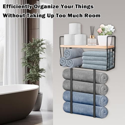 Livabber Towel Racks for Bathroom, Metal Towel Storage Holder for Roll Towels, Wall Mounted Towel Organizer with Storage Basket and Wooden Shelf for Small Spaces (Black)