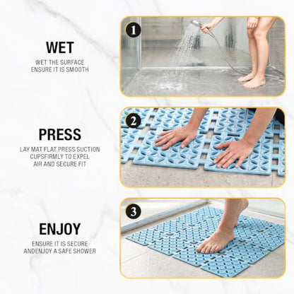 HITSLAM Shower Mat Anti Slip, 24x24 Inch Cut to Fit No Odor Soft TPE Shower Stall Mat, Square Bath Mat with Suction Cups and Drain Holes, Soft on Feet, Blue - color: Blue