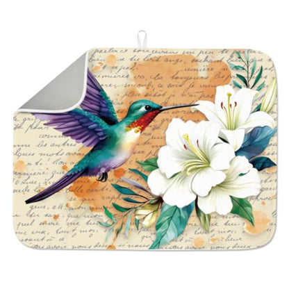 1pc Hummingbird Dish Drying Mat 23.6x17.7 Inch/60x45cm Lily Dishes Drainer Mat Microfiber Polyester Cotton Absorbent Draining Pad Heat Resistant Coffee Bar Counter Mat Foldable Hanging Loop - style: Hummingbird flower