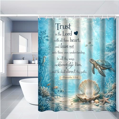 Sea Turtle Shower Curtain, Ocean Classic Christian Scriptureins Quotes Shower Curtain,Tropical Summer Sea Theme Bathroom72x72 Inch Waterproof Polyester Insulated Home Decor - color: Multicolor Cc