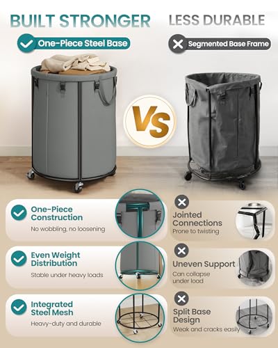 SONGMICS Laundry Basket with Wheels, Rolling Laundry Hamper with Steel Frame, Removable Liner Bag, 45 Gallon (170 L), Slate Gray URLS030GN01 - color: Slate Gray, size: 170L-Rolling Round