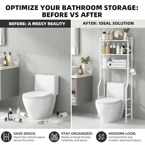 GloTika 3-Tier Over Toilet Storage, Anti-Tilt, 64" H, White | Anti-Tilt Safety System, 150lb Capacity, Carbon Steel, Freestanding, No Drilling, Anti-Rust Coating, Paper Holder & 4 Hooks - color: White, size: 3-Tier