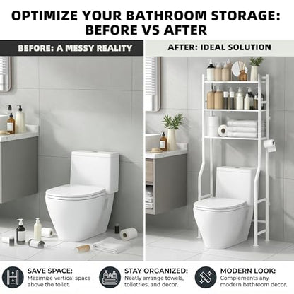 GloTika 3-Tier Over Toilet Storage, Anti-Tilt, 64" H, White | Anti-Tilt Safety System, 150lb Capacity, Carbon Steel, Freestanding, No Drilling, Anti-Rust Coating, Paper Holder & 4 Hooks - color: White, size: 3-Tier